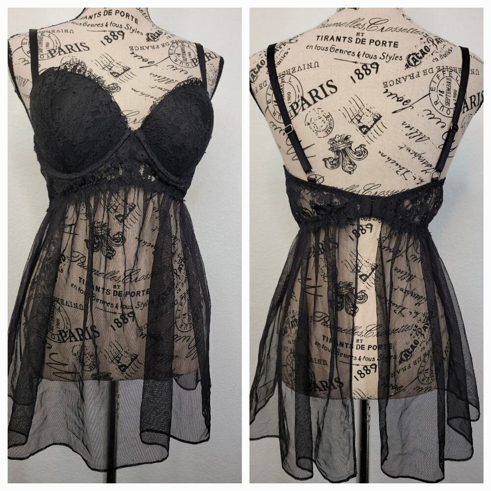 Victorias Secret Chemise Dress 36C Pushup Sheer Lace Black Whimsygoth Dark Fairy